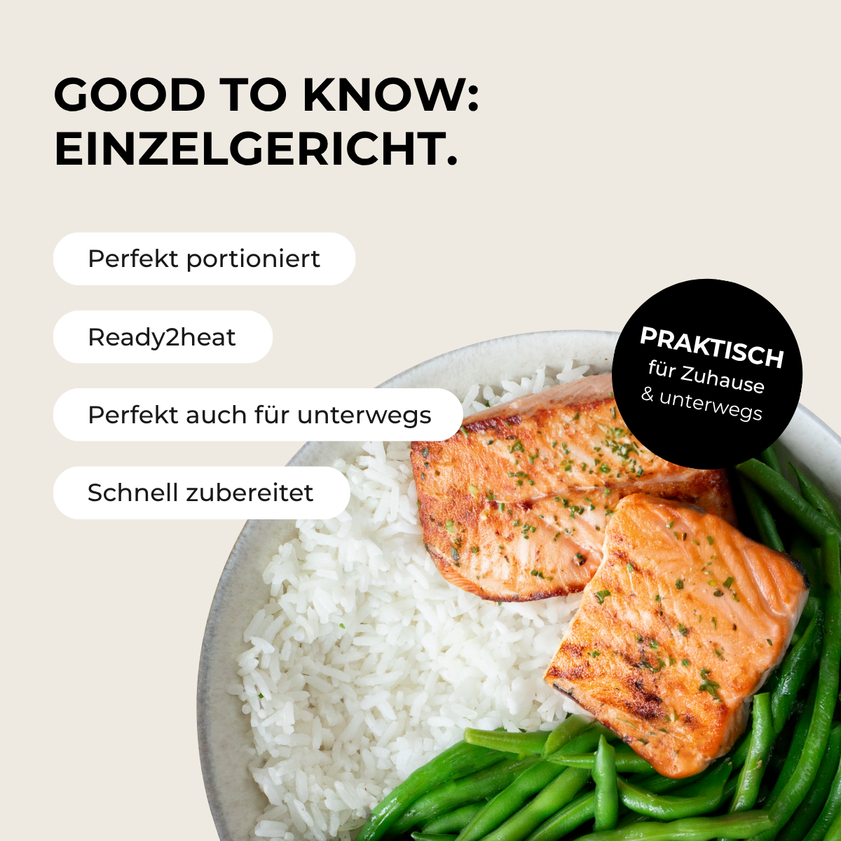 Lachs, Reis, grüne Bohnen
