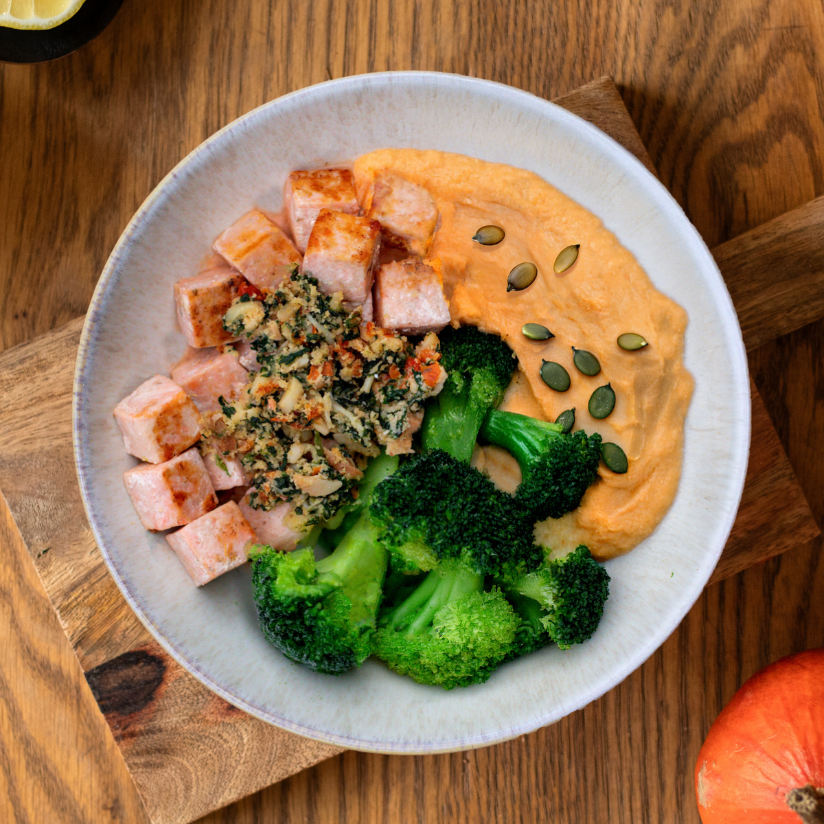 Salmon with pumpkin puree