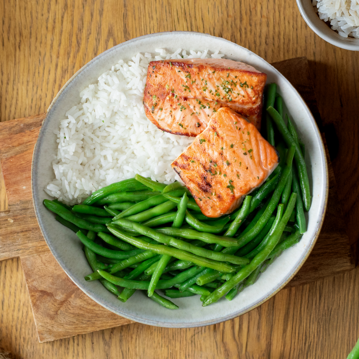Saumon, riz, haricots verts