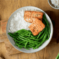 Lachs, Reis, grüne Bohnen